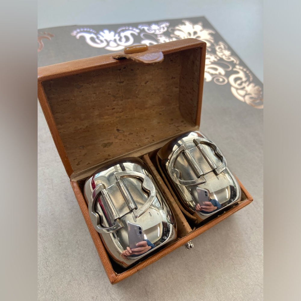Vintage travel size Moscow mule copper mugs in case, Hickok Germany